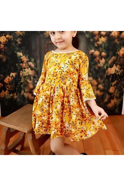Marka Sensin Kids Girl's Floral Print Flounce Sleeve Detail Green Cotton Design Viscose Dress