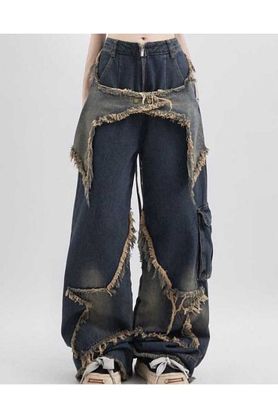 Peripeti Patch Star Cargo Pocket Street Style Washed Jeans