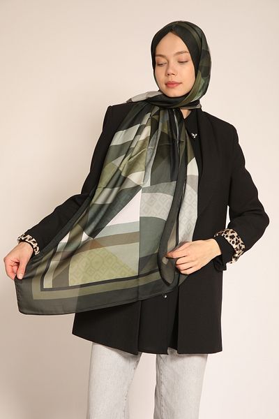 Dia Vela Akel Double Sided Khaki Tone Geometric Patterned Silk Shawl