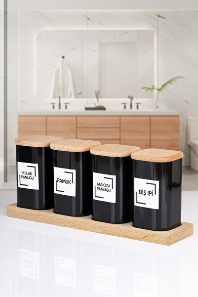 naturelove Set de 4 bucăți din bumbac acrilic, model negru, cu capac din lemn...