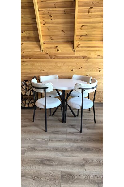 decosense 4 Kişilik Modern 90 cm Yuvarlak Masa ve 4 Teddy Sandalyeli Mutfak T...