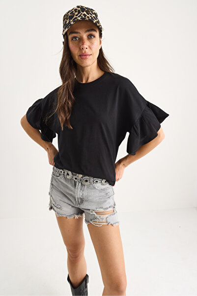 Bianco Lucci Γυναικείο βολάν με βολάν με λαιμόκοψη βαμβακερό μπλουζάκι 60602074