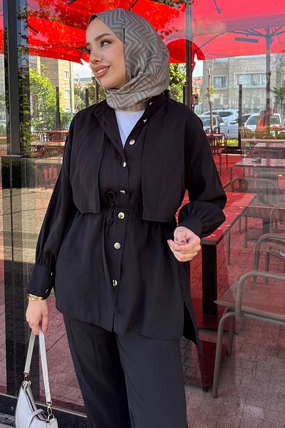 Tesettür Diyarı Women's Summer Fabric Shirt and Trousers Relaxed Fit Suit - Black