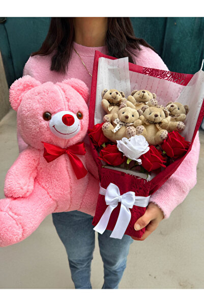 lenostra Kiza Hediye 35cm Pembe Ayıcık ve Kırmızı Beyaz Güllü Ayıcıklı Çiçek ...