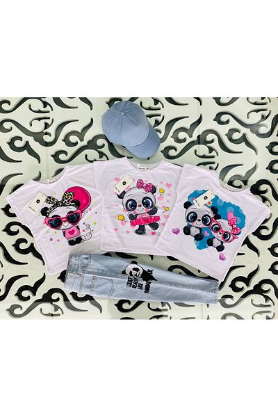 Marka Sensin Kids Girl's Special Design Panda Printed Pink T-Shirt Jeans Pants Hat 3 Piece Set