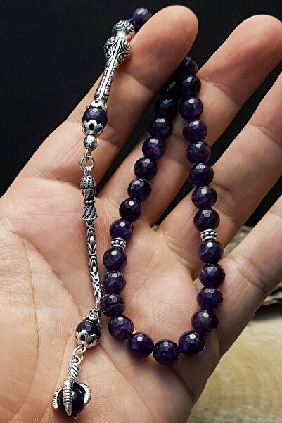 EHİNOS Erkek Gümüş Püskül Faset Kesim 8mm Ametist Doğaltaş Tesbih