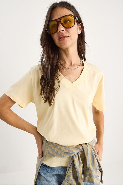 Bianco Lucci Women's 100% Organic Cotton Deep V Neck Comfort Fit T-Shirt 60602066