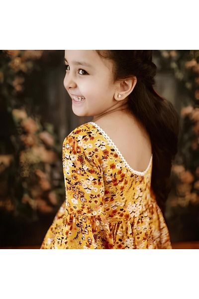 Marka Sensin Kids Girl's Floral Print Flounce Sleeve Detail Green Cotton Design Viscose Dress