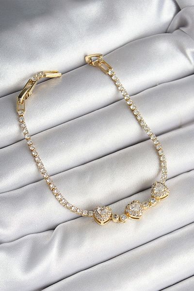 Avantaj Kapıda ®   Brass Row Heart Figured Zircon Stone Gold Color Women's Bracelet