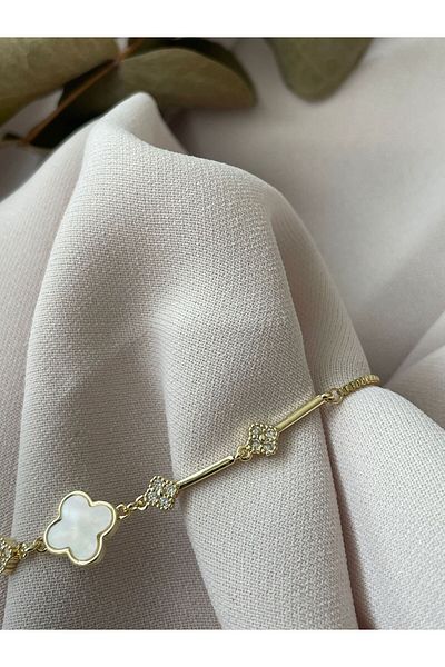 Zeyne Stainless Steel and Stone Embroidered Clover Gold Bracelet