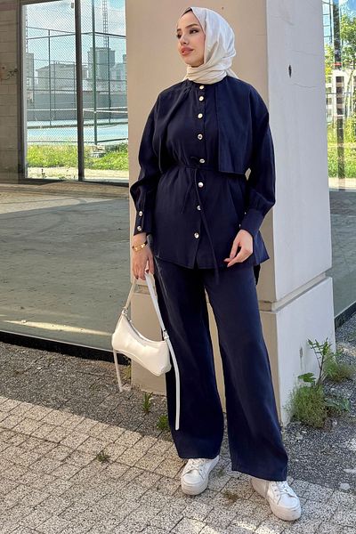 Tesettür Diyarı Women's Summer Fabric Shirt and Trousers Relaxed Fit Suit - Navy Blue