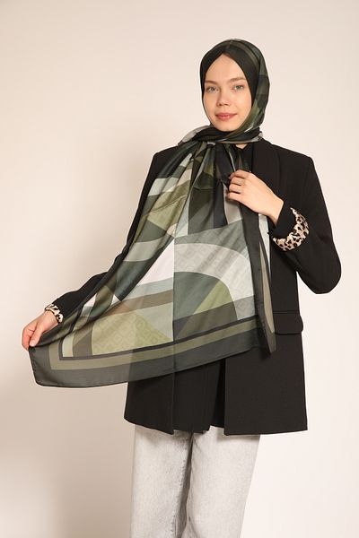 Dia Vela Akel Double Sided Khaki Tone Geometric Patterned Silk Shawl