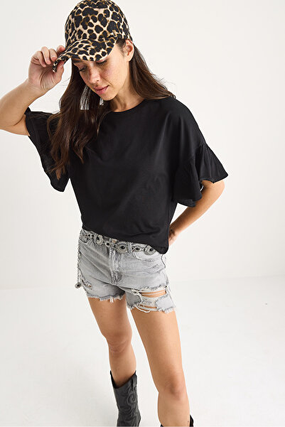 Bianco Lucci Γυναικείο βολάν με βολάν με λαιμόκοψη βαμβακερό μπλουζάκι 60602074