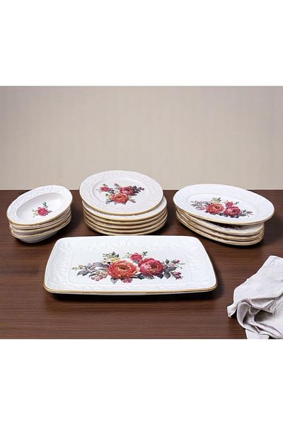 Pinkev 15 Piece Ceramic Cake Breakfast Presentation Plate Set - Pomegranate Flower