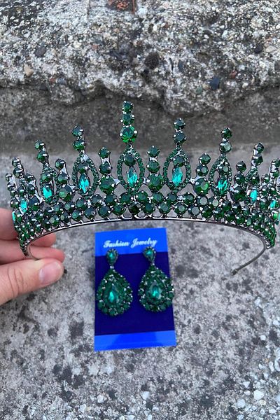 Hobigram Abrienda Green Bridal Henna Crown Special Day Accessory Women's Crown and Drop Shuttle Earrings Set
