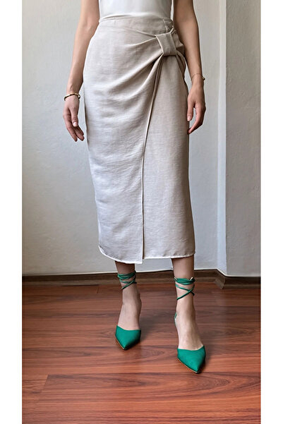 Butik Kadın Yazlık Keten Etek – Kurdele Detaylı Gizli Yırtmaçlı