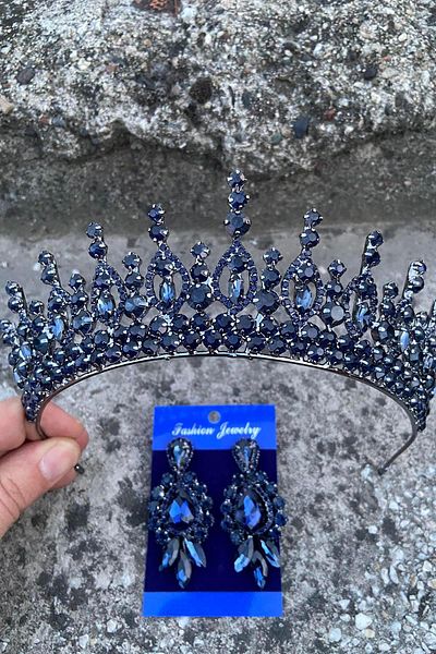 Hobigram Abrienda Navy Blue Bridal Henna Crown Special Day Accessory Women's Crown and Three Shuttle Earrings Set
