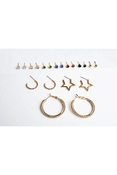 MakeWell Ring Colored Zircon Solitaire and Ball Earrings Zircon Stone Gold Plated 10 Piece Earring Set