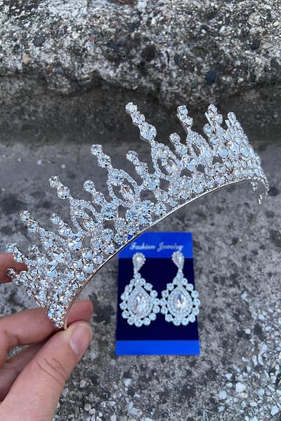 Hobigram Abrienda Silver Bridal Henna Crown Special Occasion Accessory Women's Crown and Drop Shuttle Earrings Set