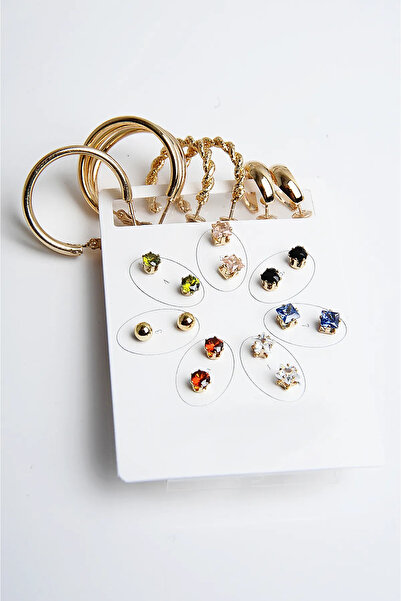 MakeWell Halka Renkli Zirkon Tektaş Ve Top Küpeli Zirkon Taşlı Gold Kaplamalı 10lu Küpe Seti