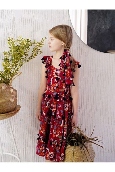 Marka Sensin Kids Girl's Red Tasseled Cotton Viscose Dress