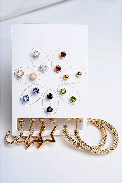 MakeWell Ring Colored Zircon Solitaire and Ball Earrings Zircon Stone Gold Plated 10 Piece Earring Set