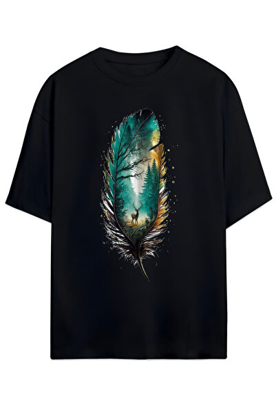 MAGORS تي شيرت كبير الحجم بنمط ريش فني (تي شيرت كبير الحجم بنمط ريش فني) (مقا...