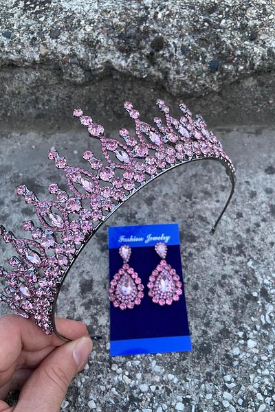 Hobigram Abrienda Pink Bridal Henna Crown Special Occasion Accessory Women's Crown and Drop Shuttle Earrings Set