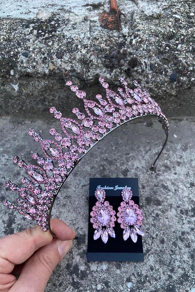 Hobigram Abrienda Pink Bridal Henna Crown Special Occasion Accessory Women's Crown and Three Shuttle Earrings Set