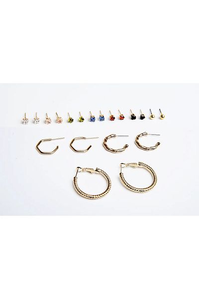 MakeWell Ring Colored Zircon Solitaire and Ball Earrings Zircon Stone Gold Plated 10 Piece Earring Set