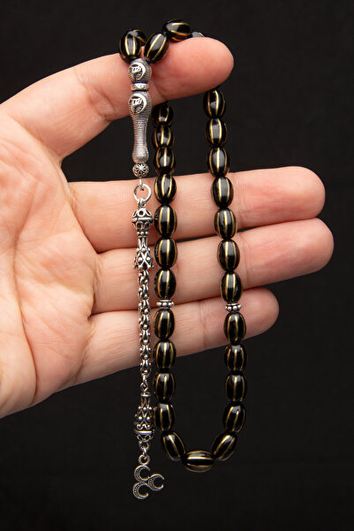 EHİNOS Erkek Gümüş Püskül 3 Hilal Bozkurt Tasarım 8x12mm İşlemeli Oltu Tesbih