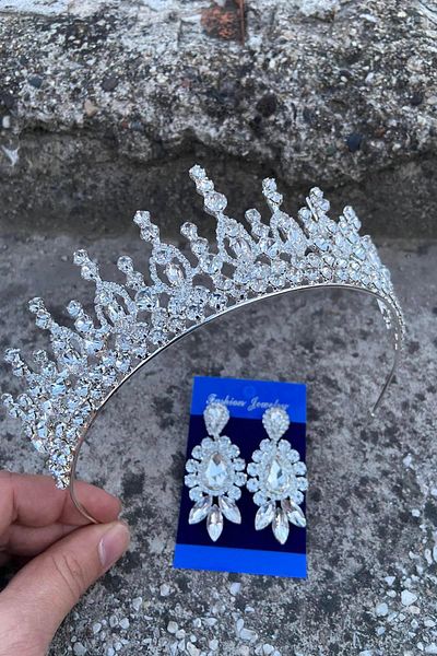 Hobigram Abrienda Silver Bridal Henna Crown Special Occasion Accessory Women's Crown and Three Shuttle Earrings Set