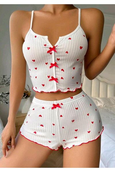 Findit White Bow Patterned Heart Strap Shorts Pajama Set