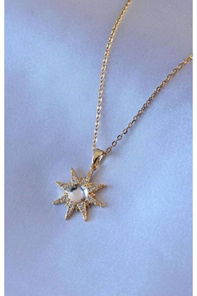 Herşey Nota قلادة نسائية من حجر الزركون واللؤلؤ بول ستار - لون ذهبي ستانلس ست...