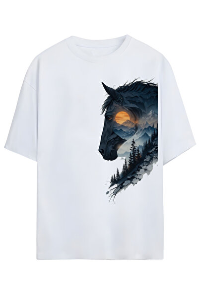 MAGORS Λευκό μπλουζάκι με μυστηριώδη άλογο και τοπίο βουνού (Λευκό μπλουζάκι με μυστηριώδη άλογο και τοπίο βουνού)