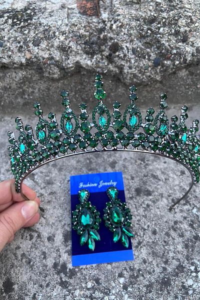 Hobigram Abrienda Green Bridal Henna Crown Special Occasion Accessory Women's Crown and Three Shuttle Earrings Set