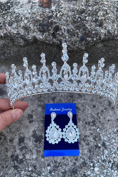 Hobigram Abrienda Silver Bridal Henna Crown Special Occasion Accessory Women's Crown and Drop Shuttle Earrings Set
