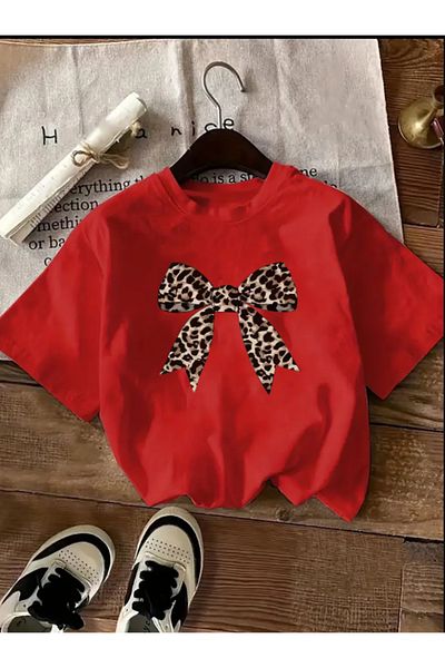 Trend Sizde Unisex Leopard Patterned Ribbon Special Design Front Printed Design Tshirt
