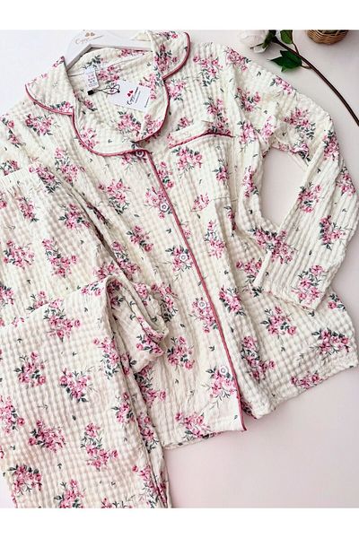 cdh çeyize dair herşey Pink Flowers Front Buttoned Pajamas Wrinkle Fabric 6883