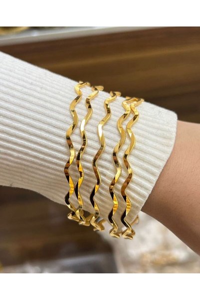 BORENO 3 Adet 14 Ayar Altın Kaplama Zigzag Model Ajda Bilezik, Bileklik