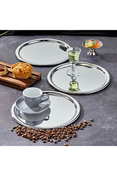 SEVA ÇELİK Stainless Steel 3 Piece Round Model Serving and Presentation Tray Luxury Presentation