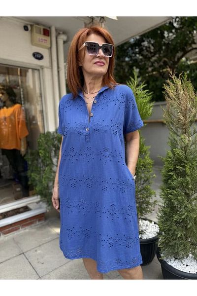 DenizEge Guipure Midi Dress (with Pockets) Blue