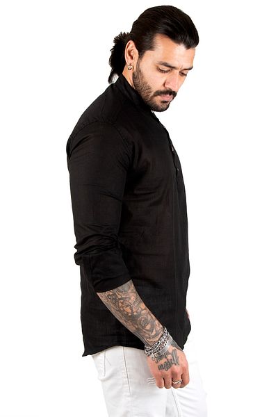 Rizz up Мъжка черна ленена риза с дълги ръкави и висока яка с половин копчета 2201914