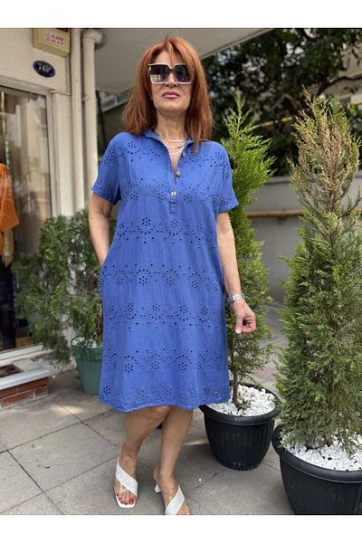 DenizEge Guipure Midi Dress (with Pockets) Blue
