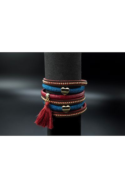1881 STORE Burgundy - Navy Blue Bright Red Leather Ethnic Bracelet (6 Rows)