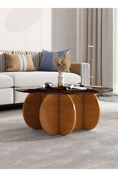 Raffine Modern Style Wooden Frame Glass Top Coffee Table Round Edge Center Table for Living Room 80x40 cm