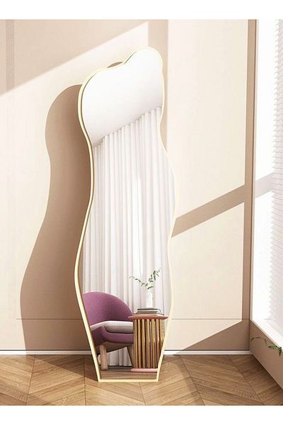 Raffine Modern Full Length Mirror Standing Wall Large Floor Mirror Wood Frame Wavy Mirror Beige 40 x 150 cm