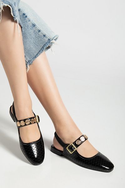 Genetti Lariny Large Stone Buckle Detailed Open Back Elastic Full Mold Daily Women's Ballerinas