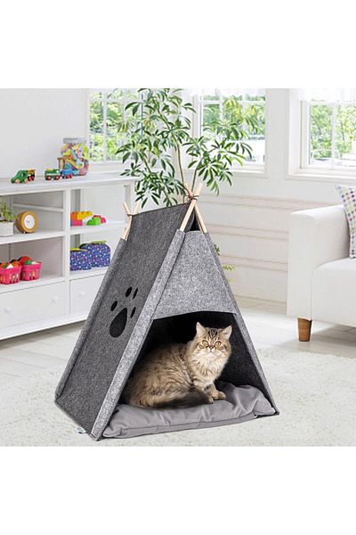CHIRASO Casuta Tip Cort CHIRASO pentru Pisici, Design Teepee, Fetru, Gri