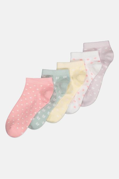 Bebe Kids Girl 5 Pairs Allover Print Ankle Socks, Multicolor